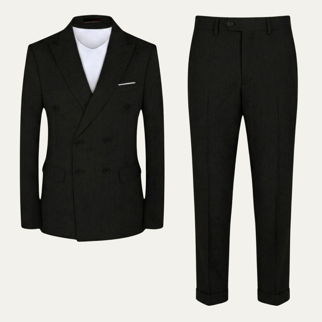 Black double-breasted blazer with notch lapels and matching trousers displayed flat