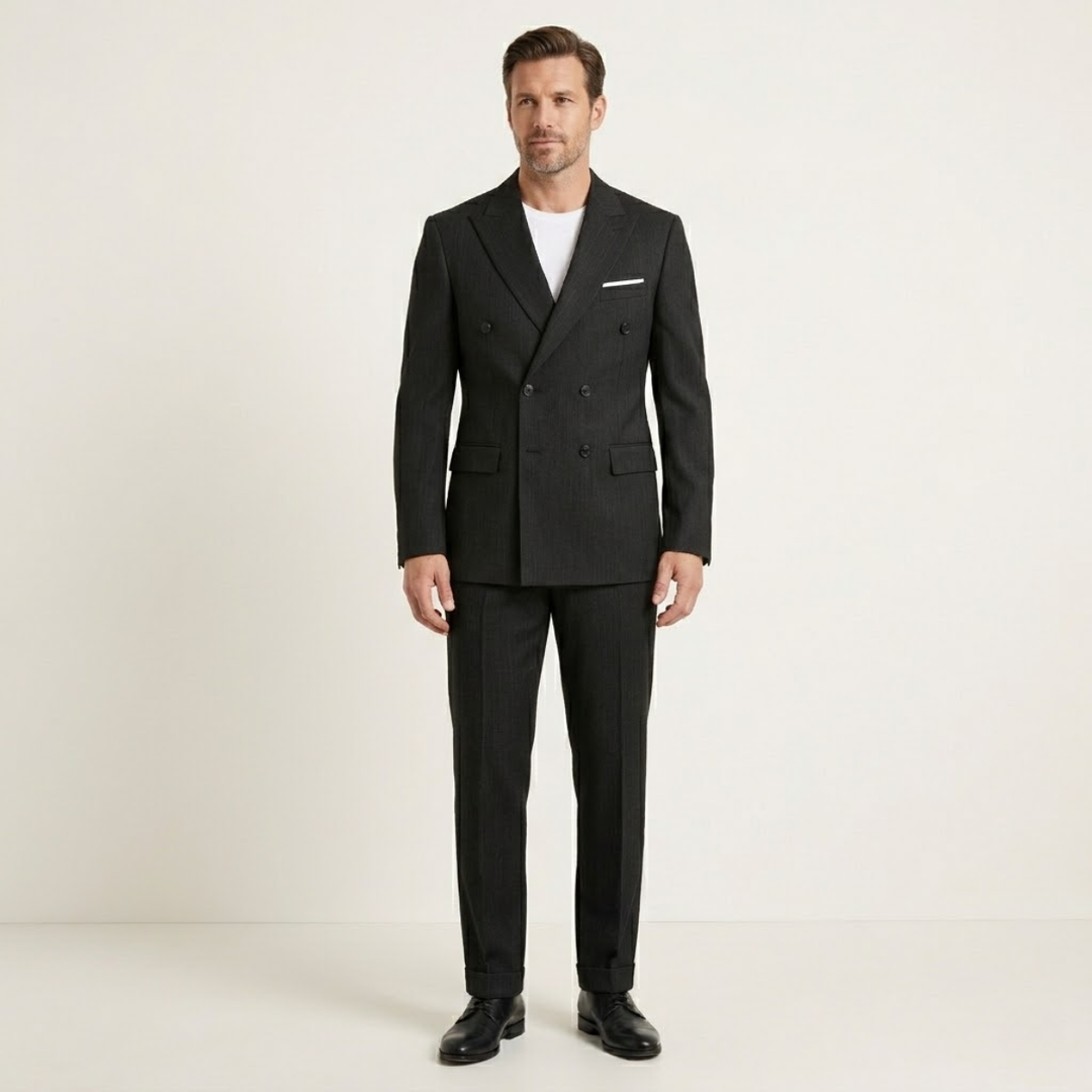 Man wearing black double-breasted blazer suit with white shirt and pocket square