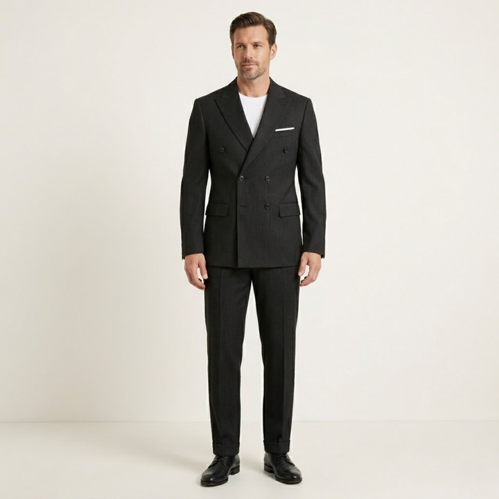 Man wearing black double-breasted blazer suit with white shirt and pocket square