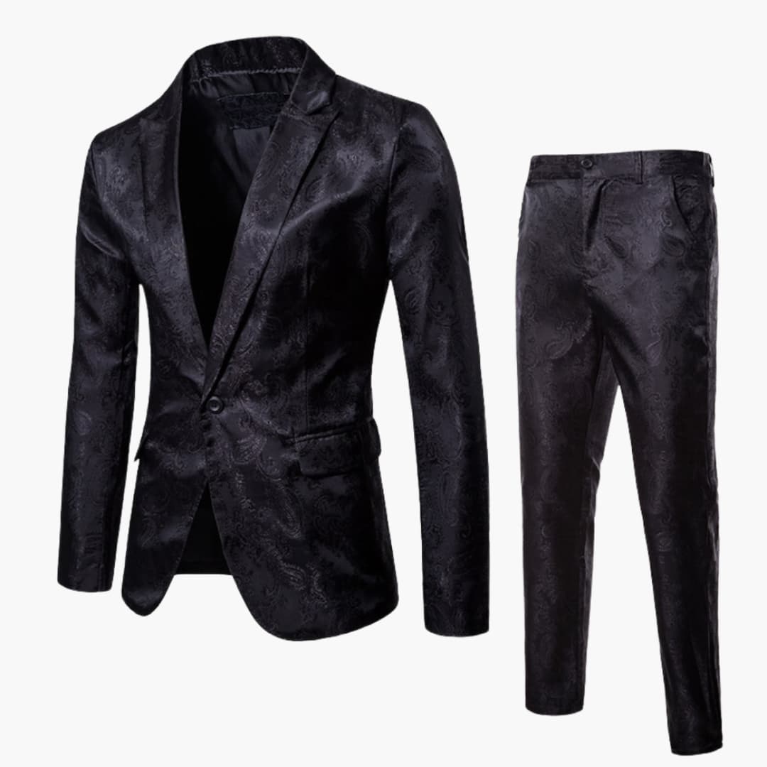 Black jacquard formal suit with jacket and trousers displayed flat
