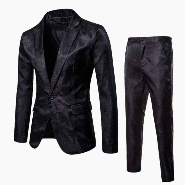 Black jacquard formal suit with jacket and trousers displayed flat