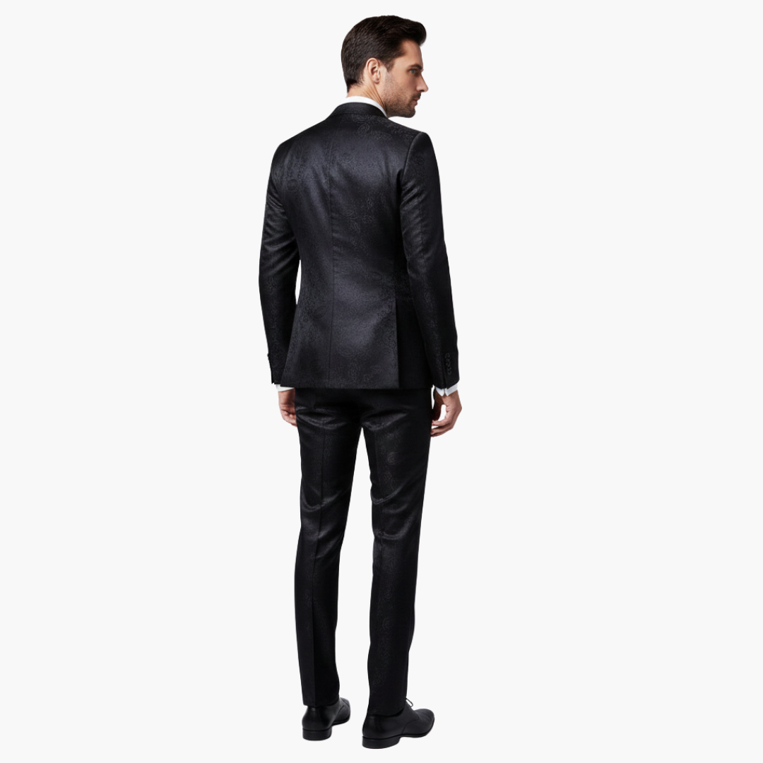 Black jacquard formal suit back view showing jacket and pants