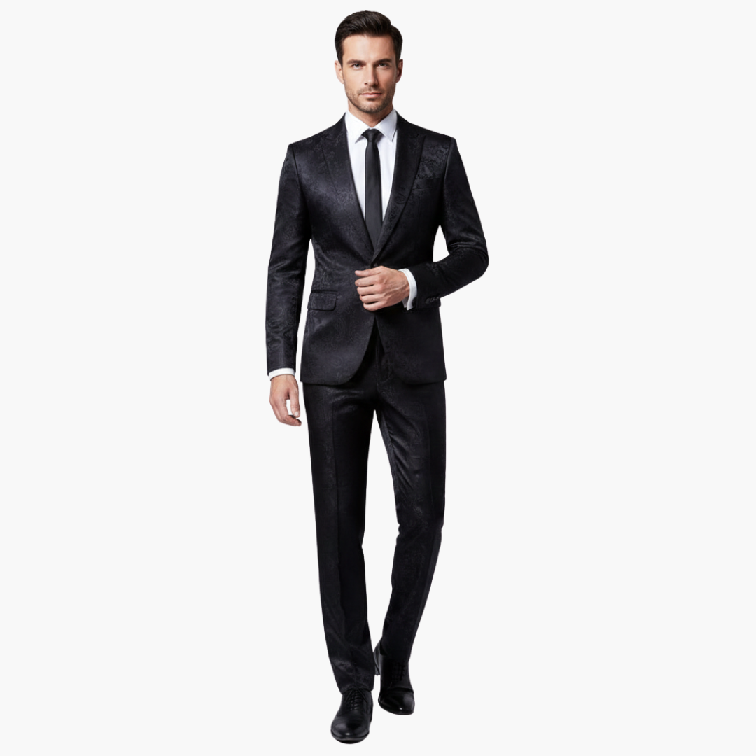 Black jacquard formal suit man in front view with tie