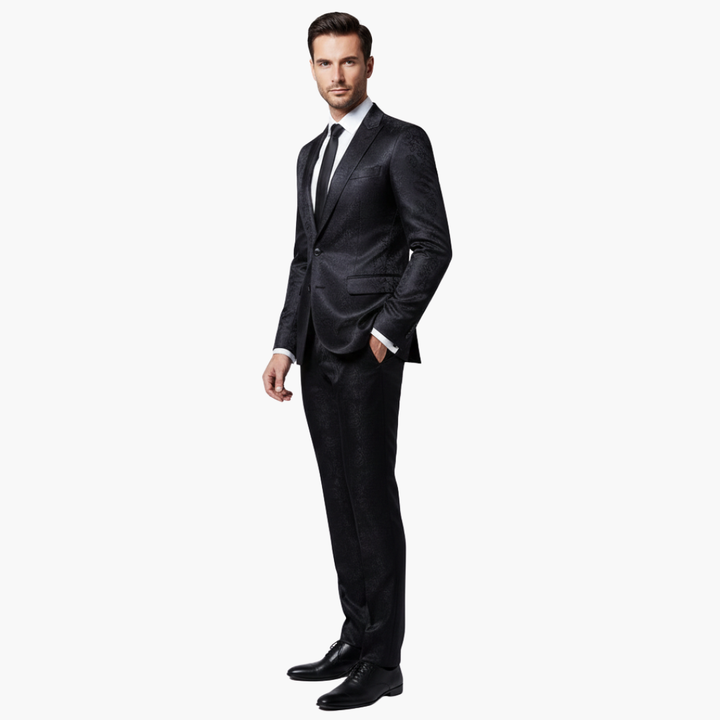 Black jacquard formal suit side profile view on man