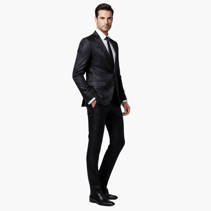 Black jacquard formal suit three-quarter angle view on man