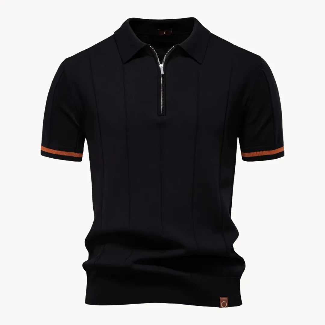 Black knit polo shirt with quarter zip and orange sleeve stripes