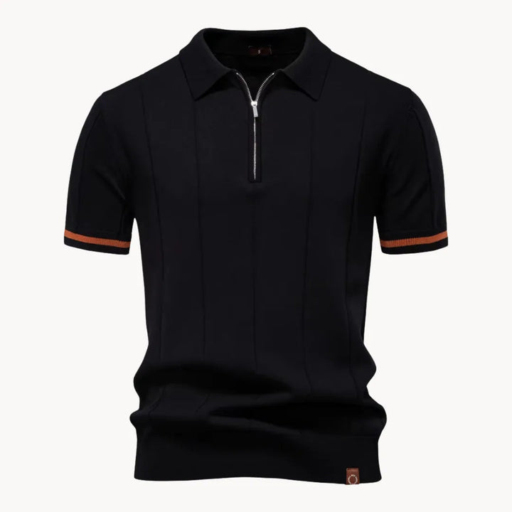Black knit polo shirt with quarter zip and orange sleeve stripes