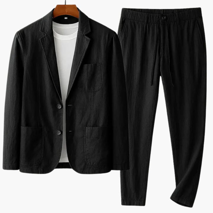 Black linen blend two-piece suit with single button blazer and elastic waist trousers