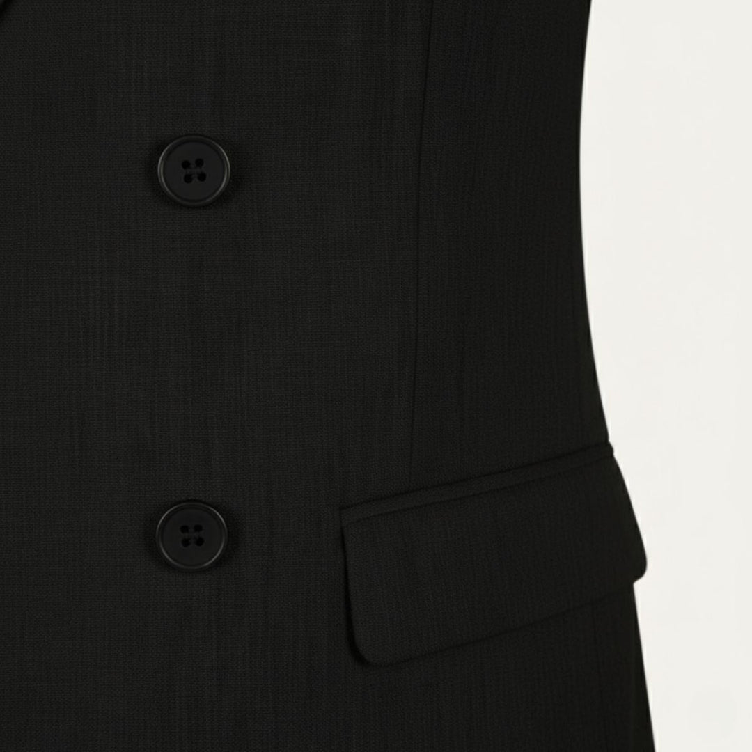 Black pinstriped double-breasted suit jacket with two button closure