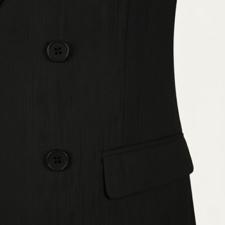 Black pinstriped double-breasted suit jacket with two button closure