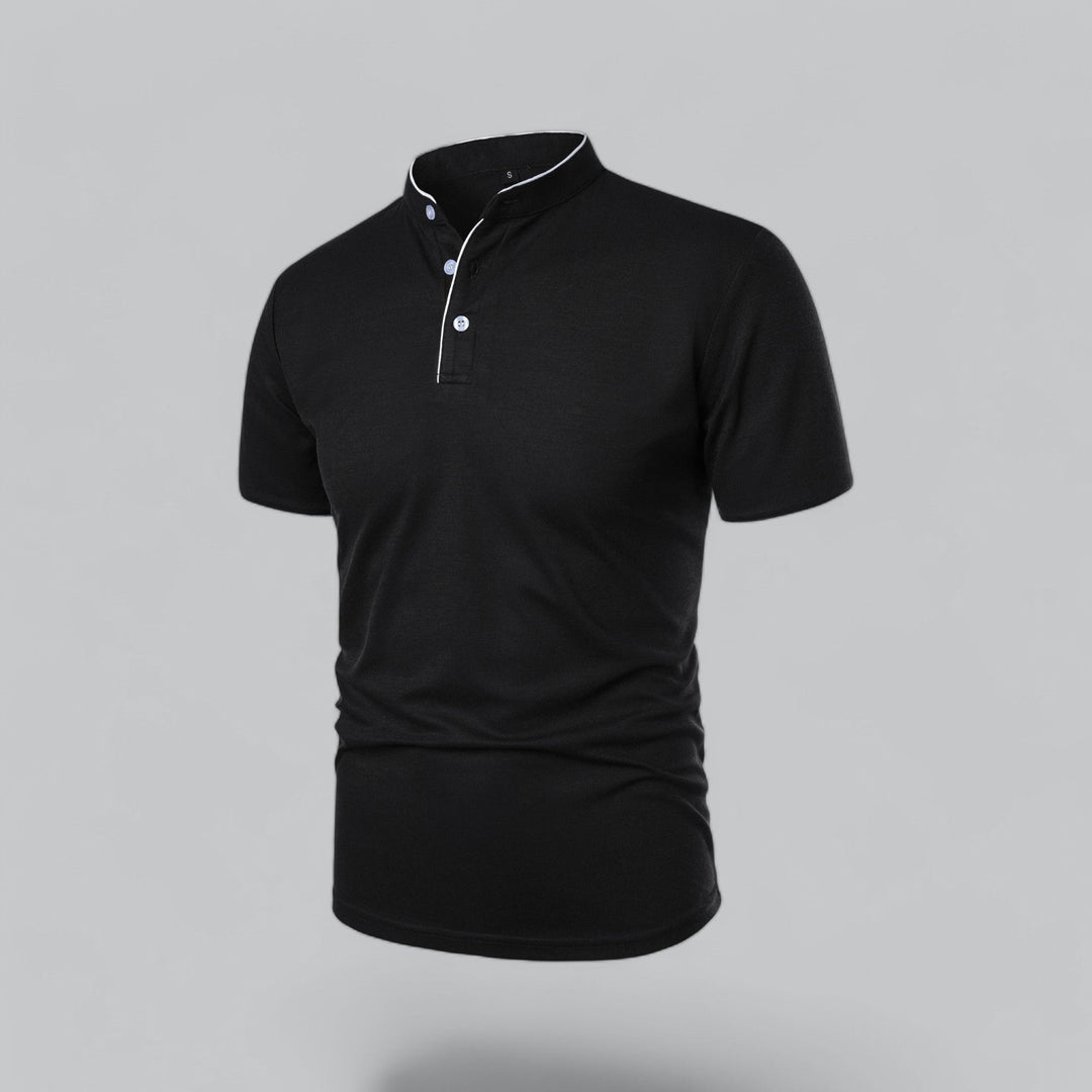 Black polo shirt with white trim and button placket front