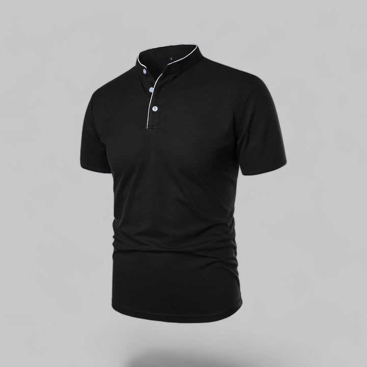 Black polo shirt with white trim and button placket front