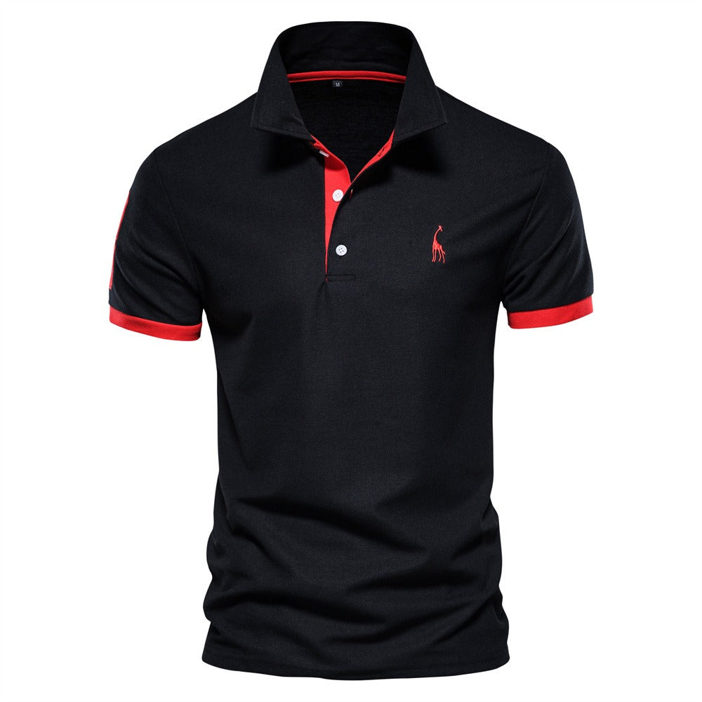 Black short-sleeved polo shirt with red collar and sleeve trim details