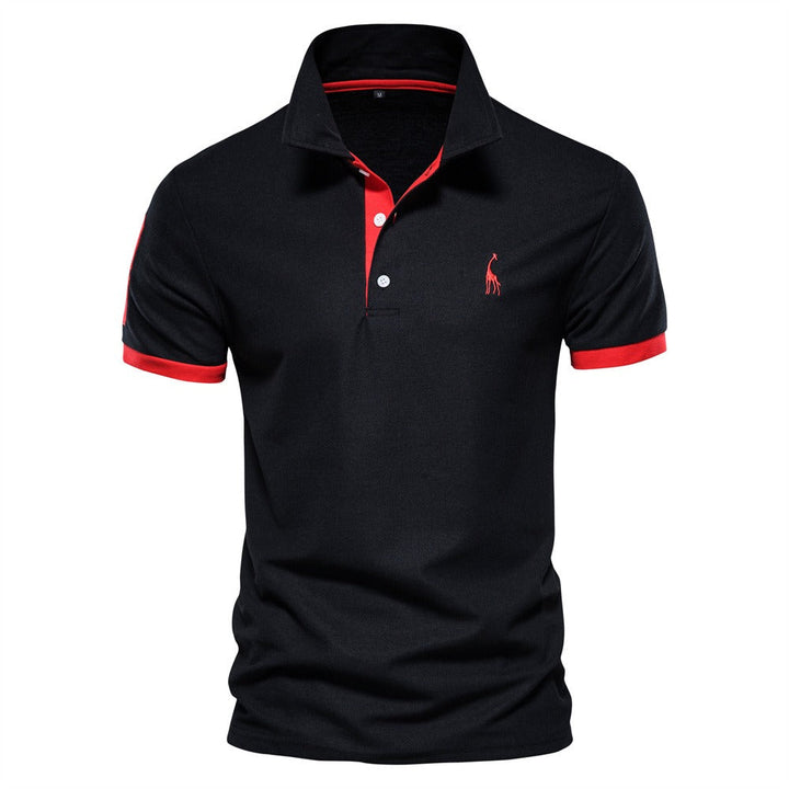 Black short-sleeved polo shirt with red collar and sleeve trim details