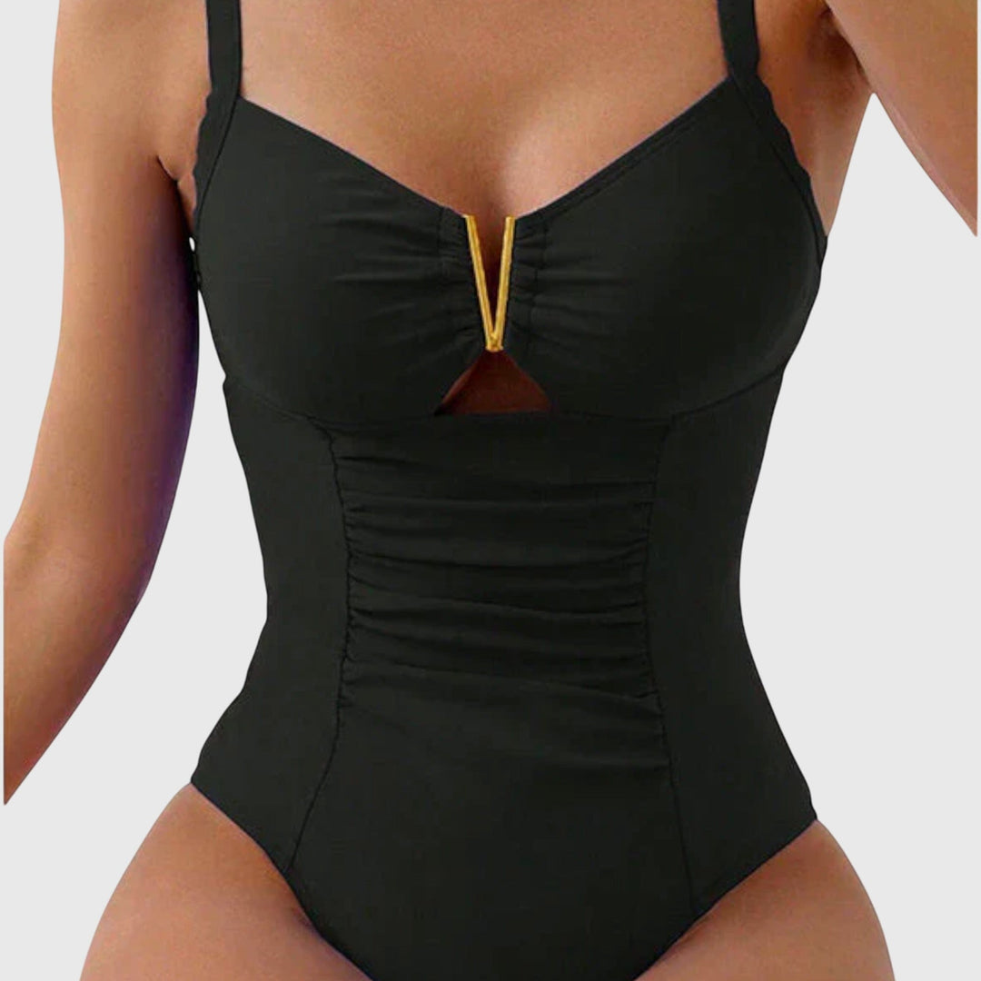 Black ruched v-neck one-piece swimsuit with gold trim detail