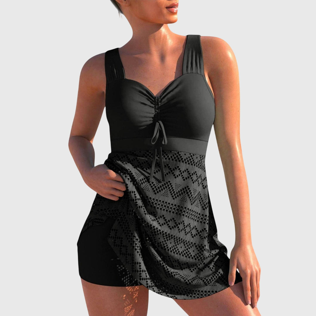 Black sweetheart neckline swim set with lace mini skirt front
