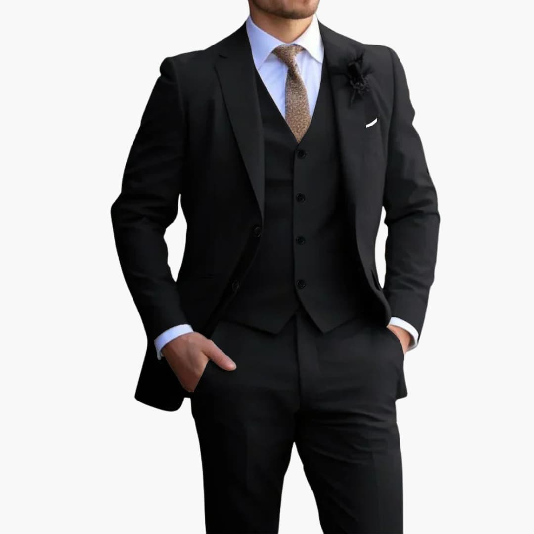 Black three-piece formal suit with notched lapel jacket and vest on model