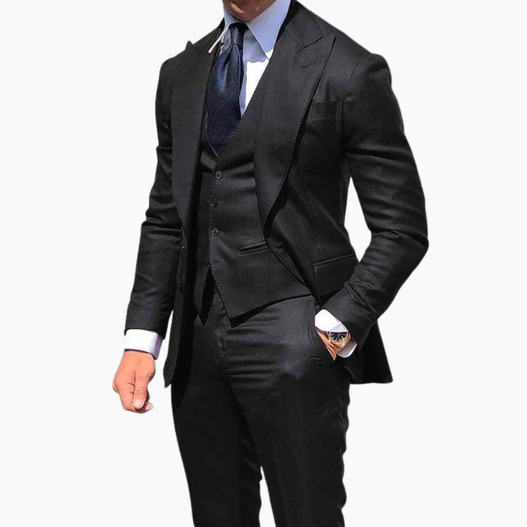 Black three-piece suit with structured blazer and vest front view
