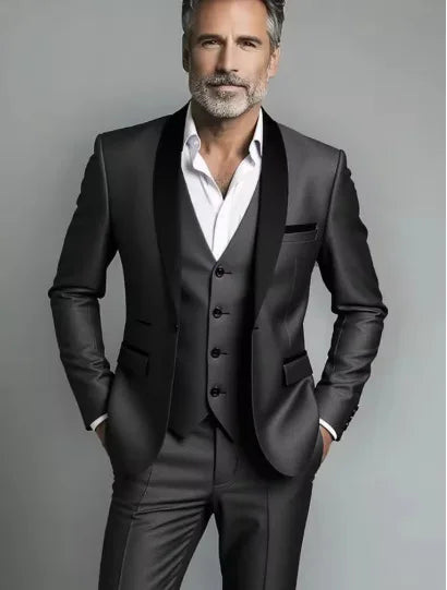 Black three piece formal suit with vest tailored fit front view