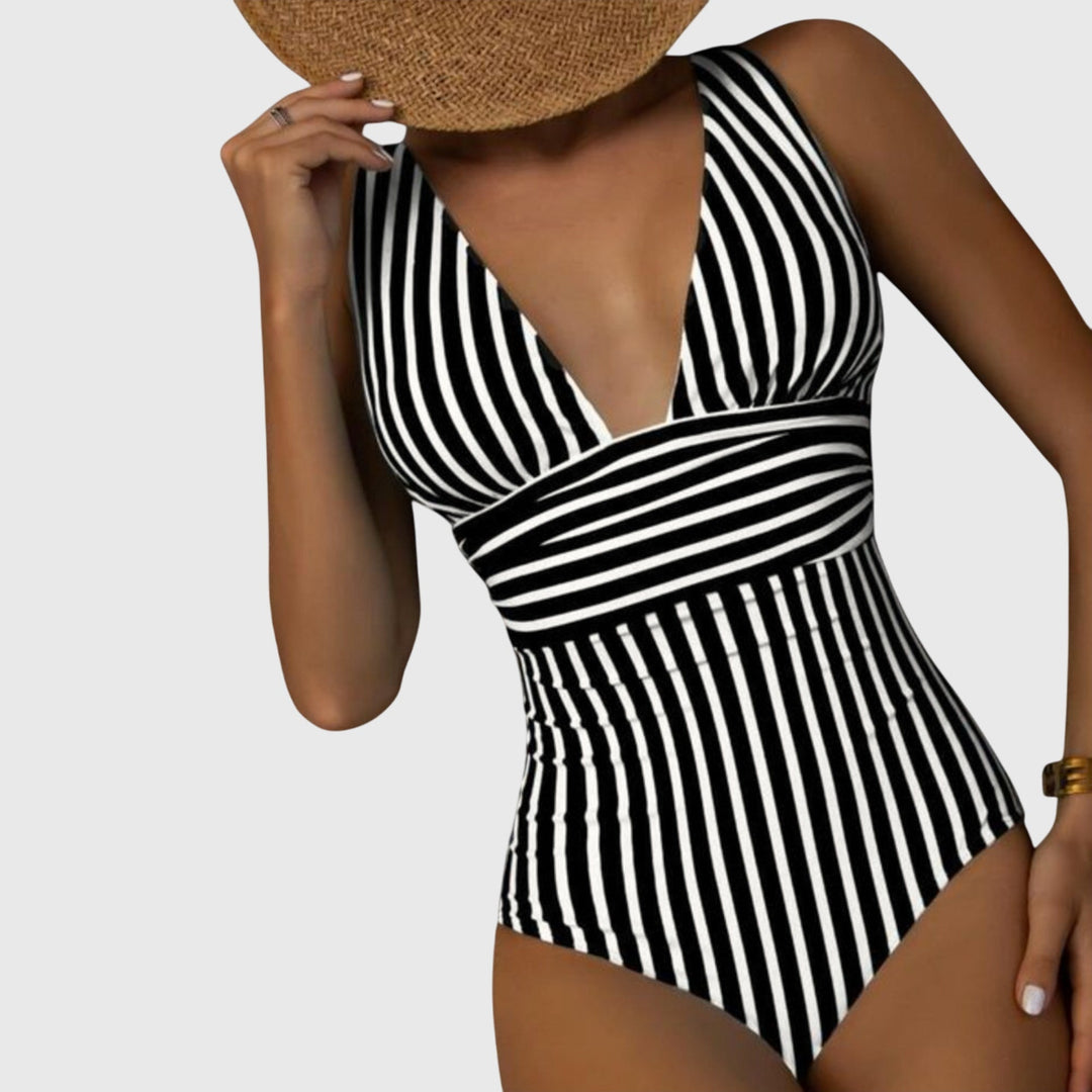 Black and white striped v-neck one-piece swimsuit with cinched waist