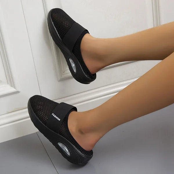 Women black mesh slip-on mule walking shoes with elastic strap and cushioned sole