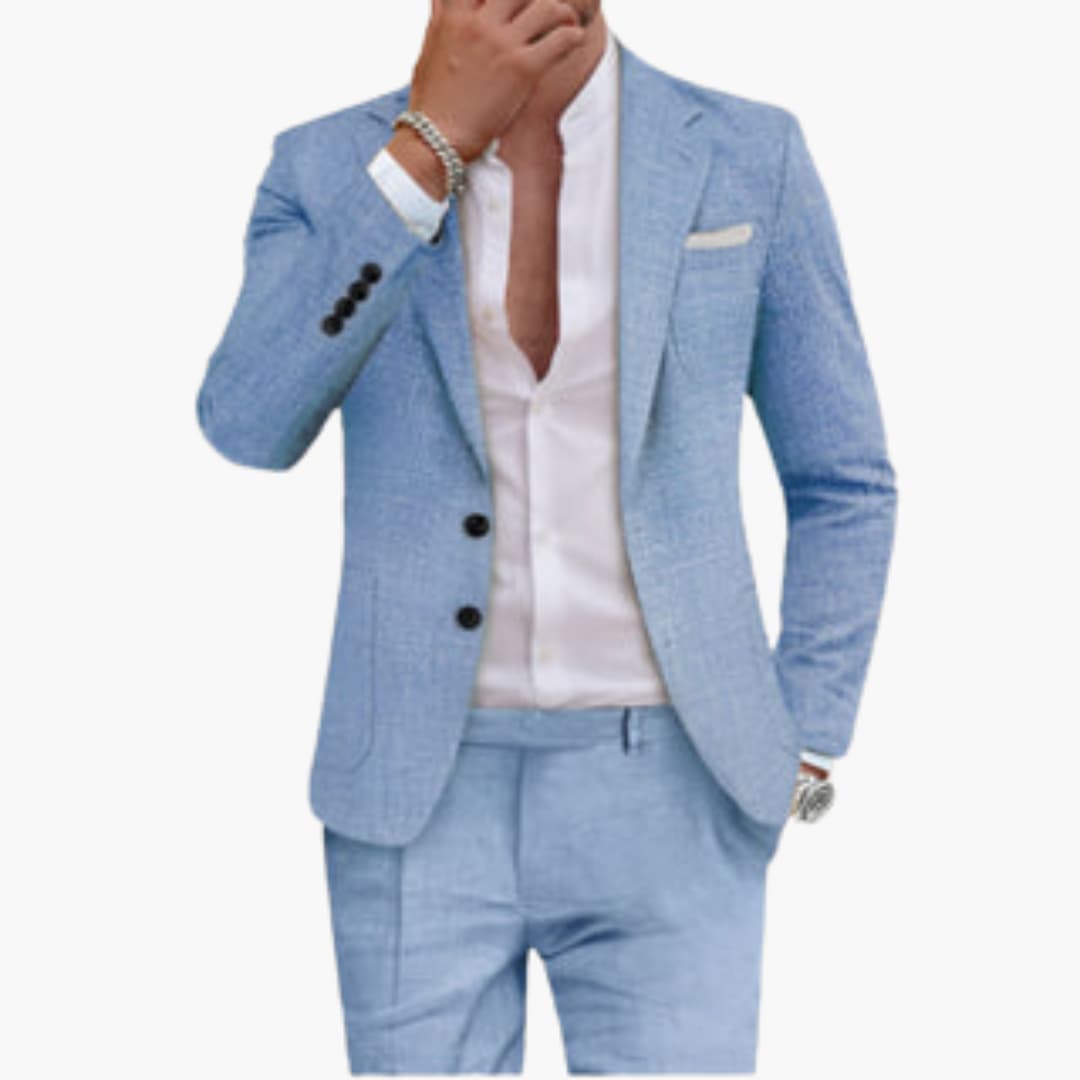 Blue chambray mens summer suit with single-breasted blazer and tailored pants front view