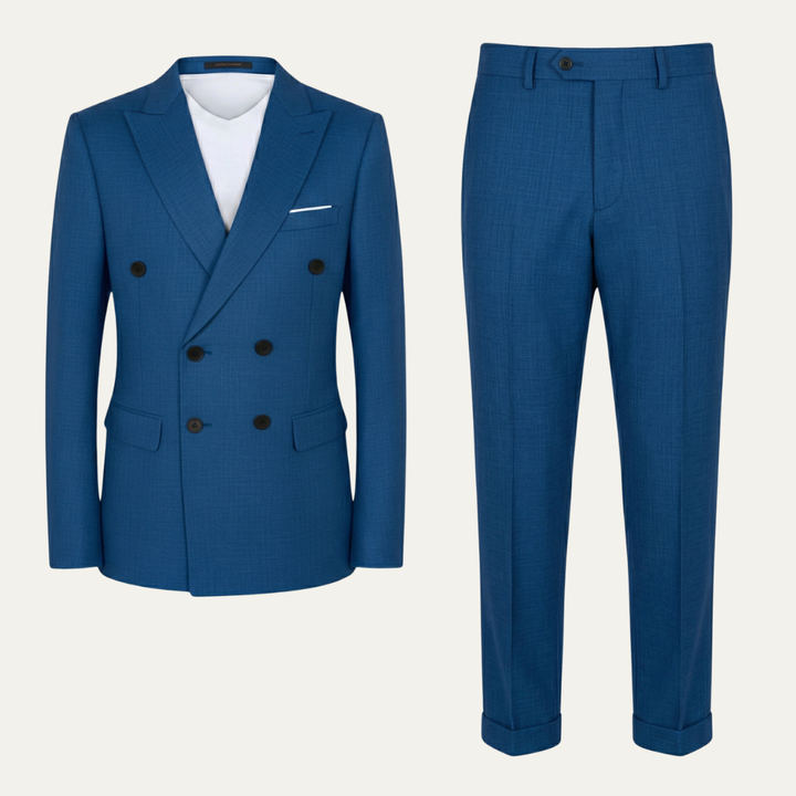 Blue double-breasted blazer with dark buttons and matching dress trousers flat lay
