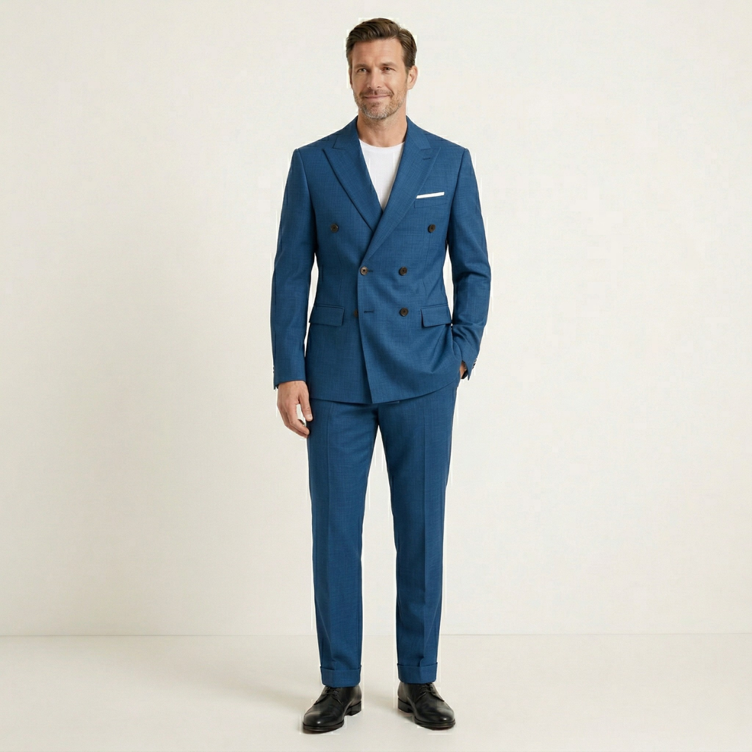Man in blue double-breasted blazer suit with brown buttons and white undershirt