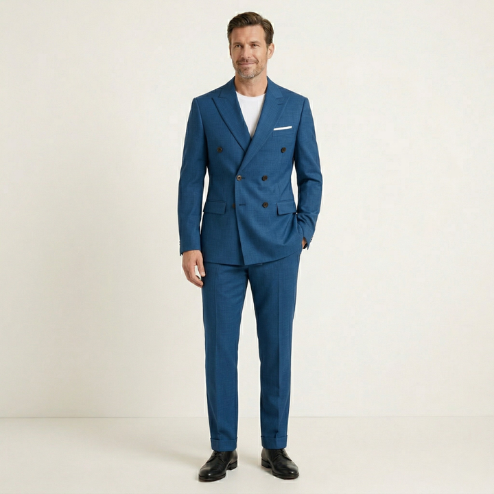 Man in blue double-breasted blazer suit with brown buttons and white undershirt