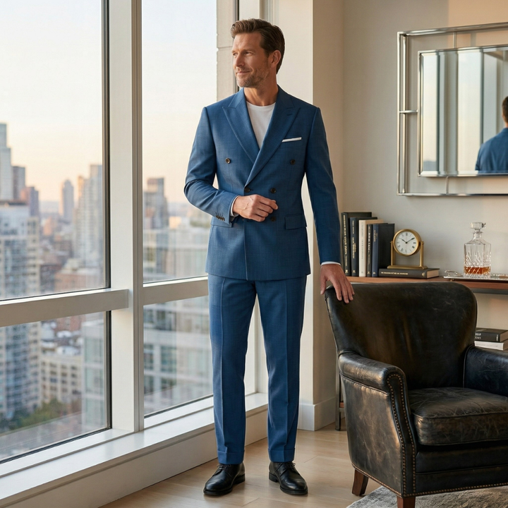 Blue double-breasted blazer suit styled in contemporary office interior with cityscape