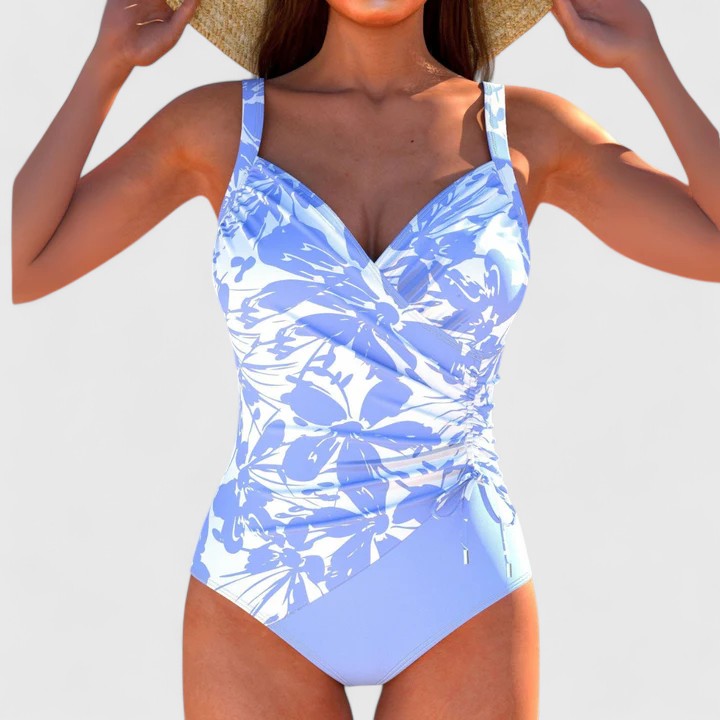 Blue and white floral print wrap bodice one-piece swimsuit front view