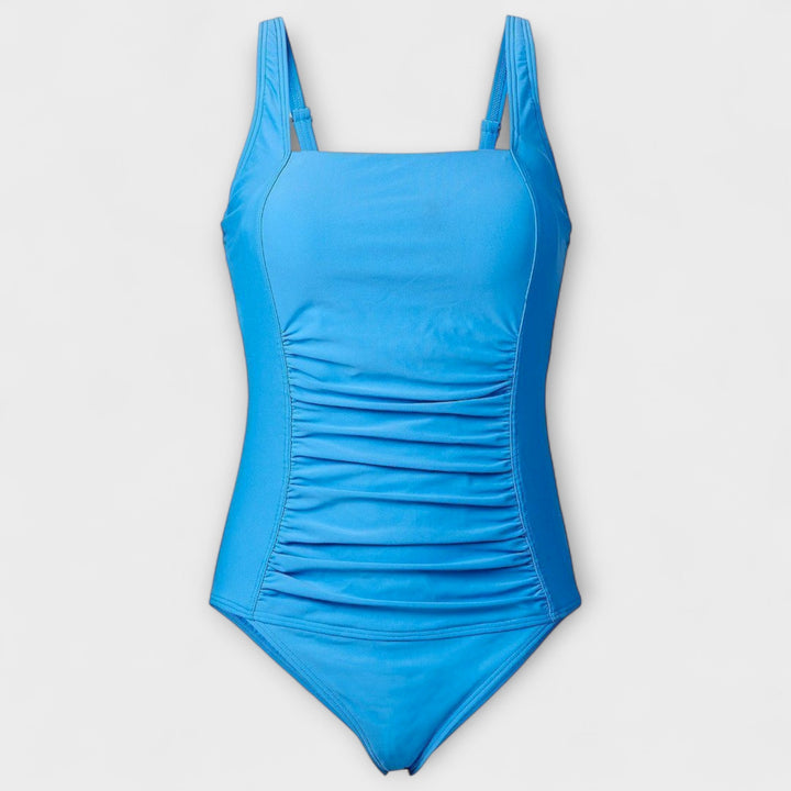 Blue one-piece swimsuit with square neckline and ruched details front view