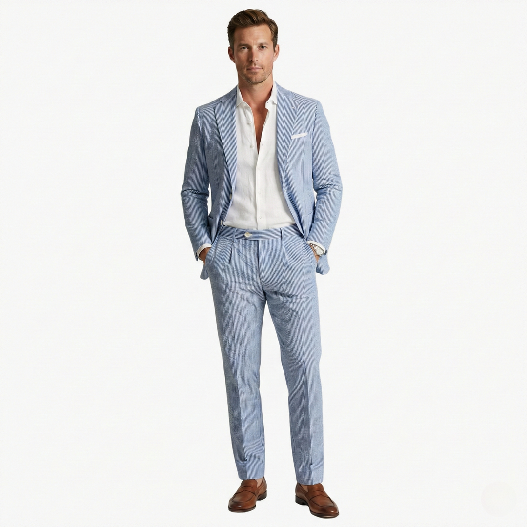 Blue pinstripe two-piece suit with white pocket square and brown shoes