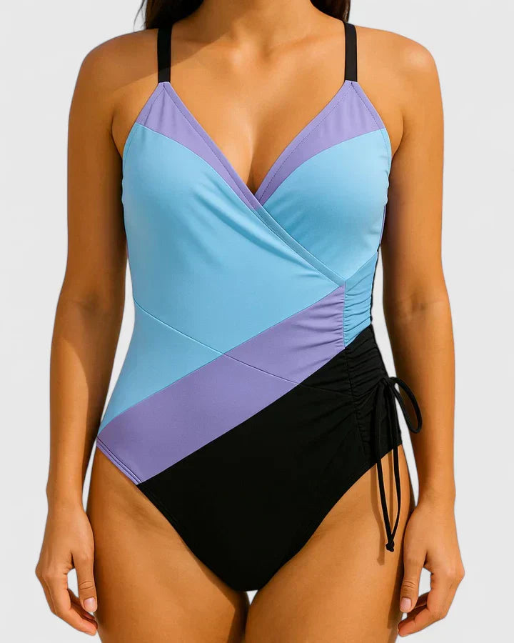 Light blue and purple color-block wrap-front one-piece with side ties
