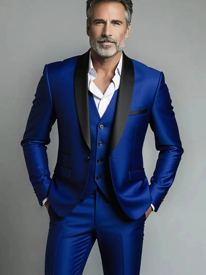 Royal blue three piece formal suit with black lapel vest tailored fit