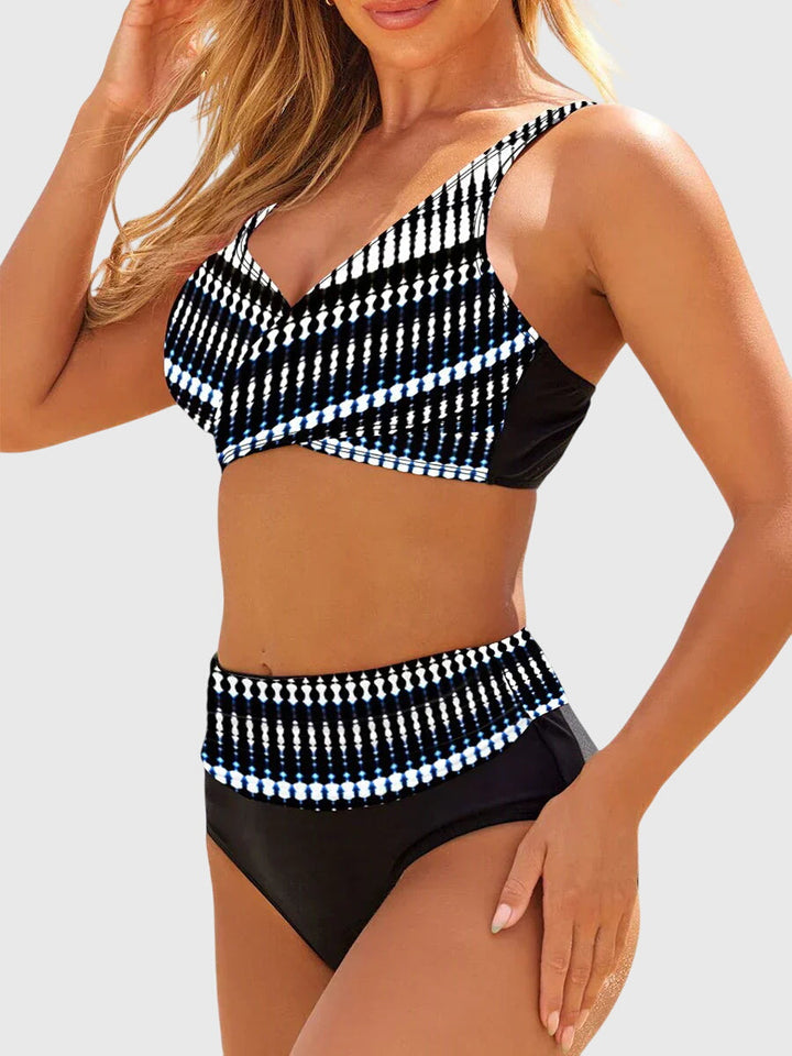 Blue and white striped crossover wrap bikini top with control support