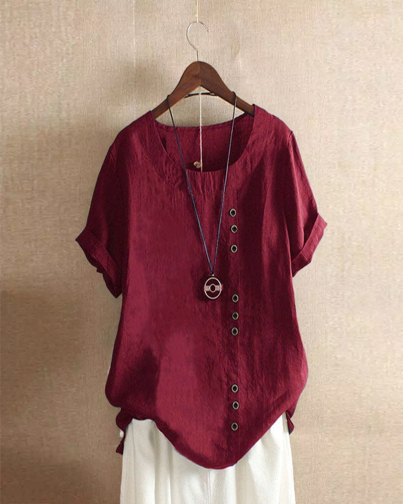 Women Spring Elegant Button Detail Casual Linen Blouse