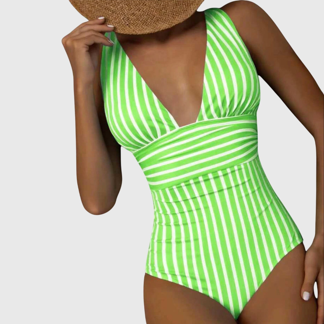 Bright lime green and white striped v-neck one-piece swimsuit front view