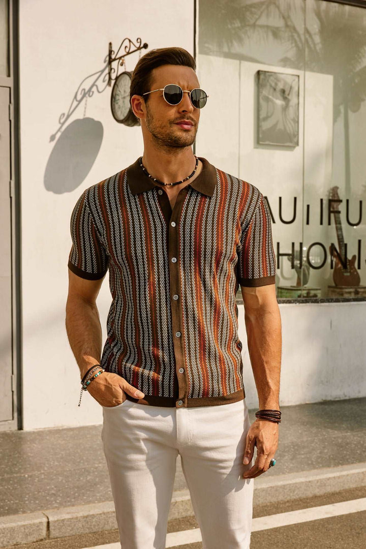 Brown and cream vertical striped polo with dark contrast collar, casual stance