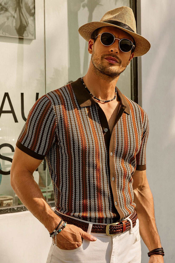 Brown and cream striped short sleeve polo shirt with black contrast collar and cuffs