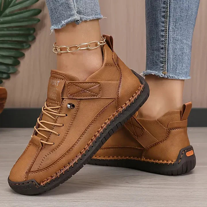Women brown lace-up low-profile walking sneakers with textured dark sole and visible stitching