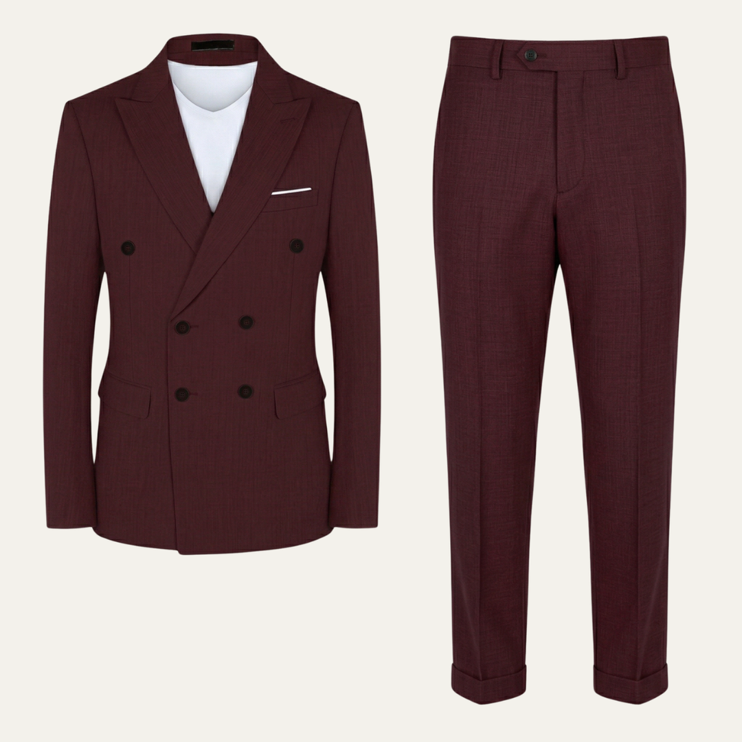 Burgundy double-breasted blazer with dark buttons and matching trousers displayed flat