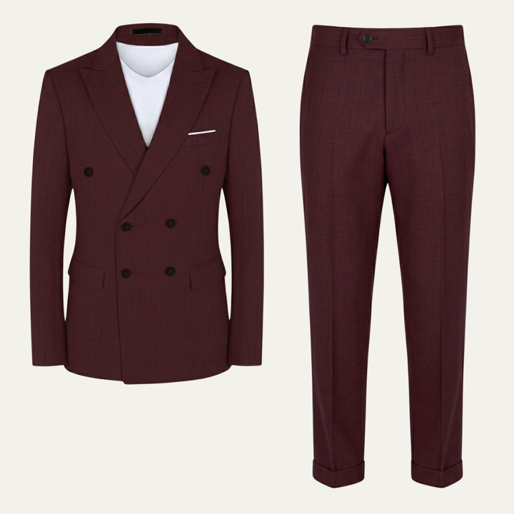 Burgundy double-breasted blazer with dark buttons and matching trousers displayed flat