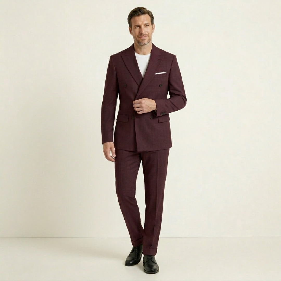 Man wearing burgundy double-breasted blazer suit with pocket square and white shirt
