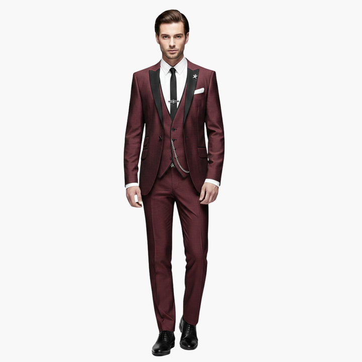 Burgundy formal suit full-length front view with black vest and chain detail