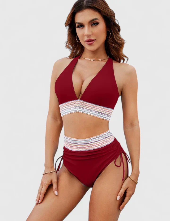 Burgundy halter bikini set with colorful geometric waistband detail