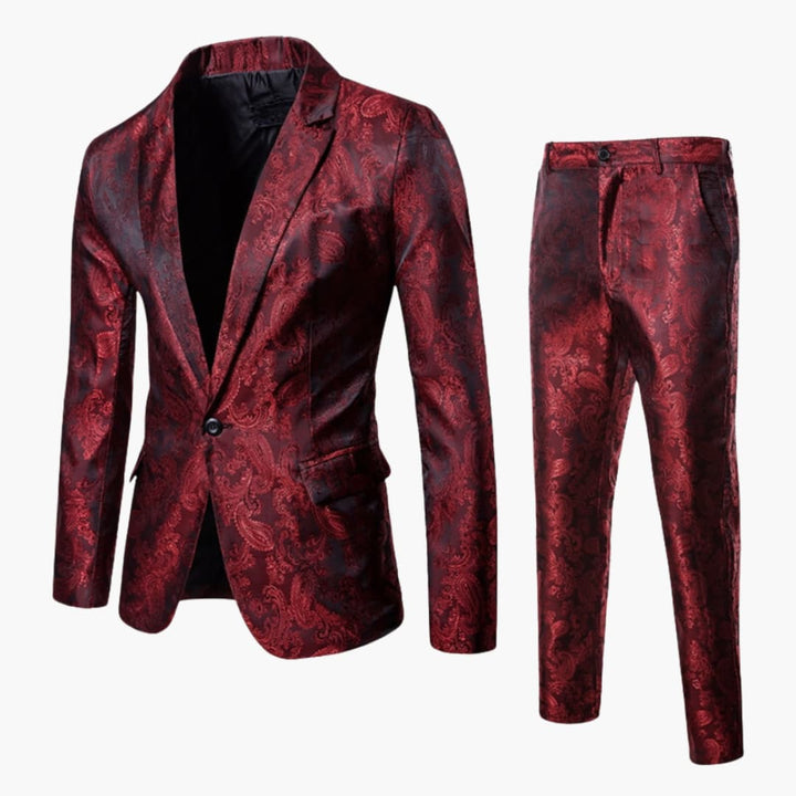 Burgundy jacquard formal suit with jacket and trousers displayed flat