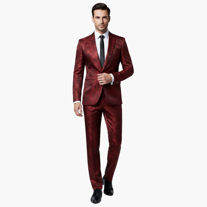 Burgundy jacquard formal suit man in front view