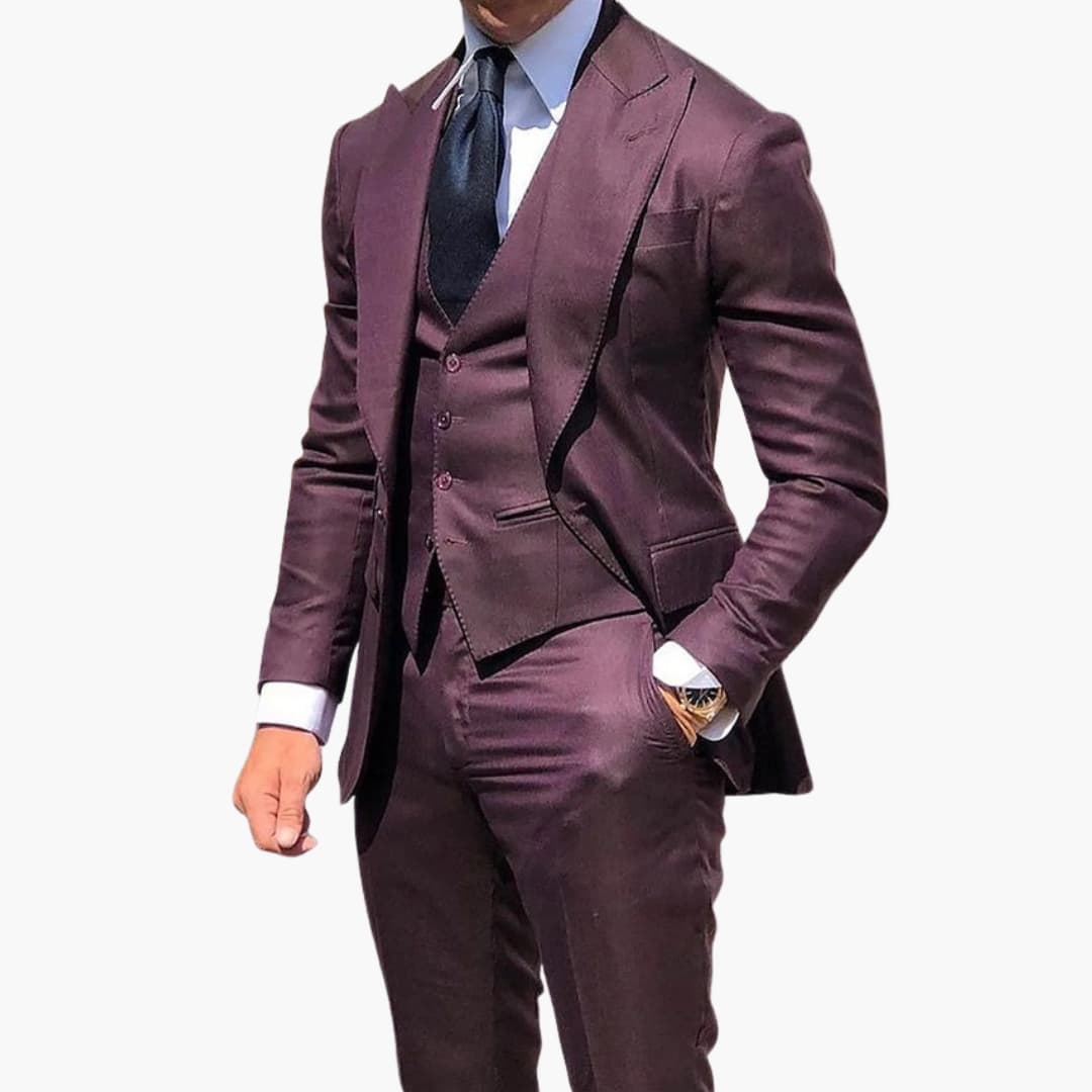 Burgundy three-piece suit with blazer, vest, and pants front view