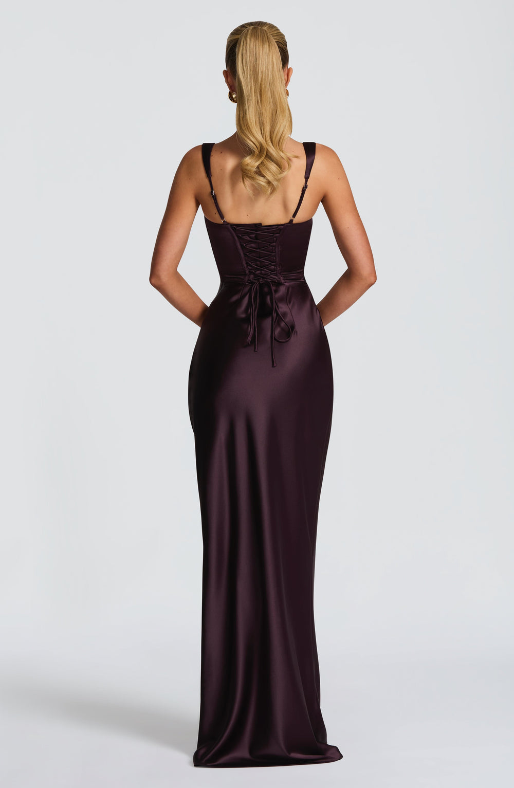 Women plum backless lace-up maxi dress back view showing corset lacing detail